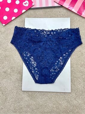 Victoria’s Secret Sheer Blue Lace Waist High Leg Bikini Briefs Panties Large L